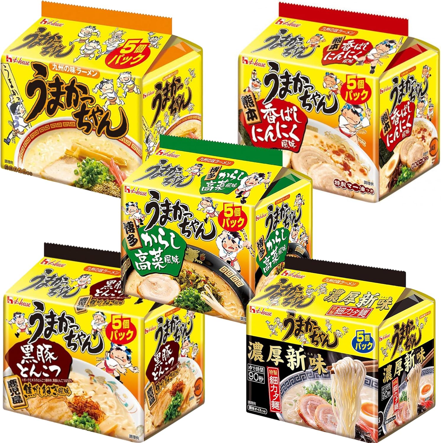 House Uma-Kacchan Kyushu Tonkotsu Ramen Sampling Set 5 Varieties x 5 Each Total 25 Packs [Regular・Rich New Flavor・Mustard Takana・Toasted Garlic・Black Pork Burnt Onion] Assorted