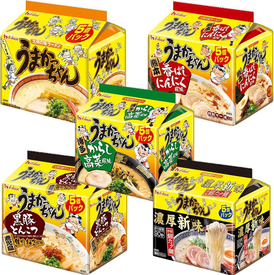 House Uma-Kacchan Kyushu Tonkotsu Ramen Sampling Set 5 Varieties x 5 Each Total 25 Packs [Regular・Rich New Flavor・Mustard Takana・Toasted Garlic・Black Pork Burnt Onion] Assorted