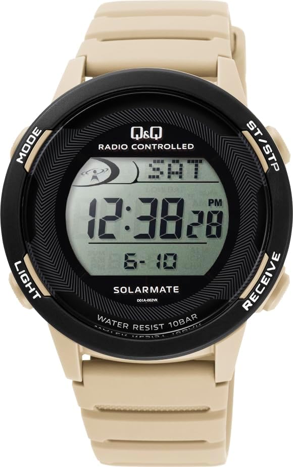 Citizen Q&Q D01A-004VK Wristwatch, Digital, Radio, Solar, Waterproof, Date, Urethane Strap, Men's, Beige