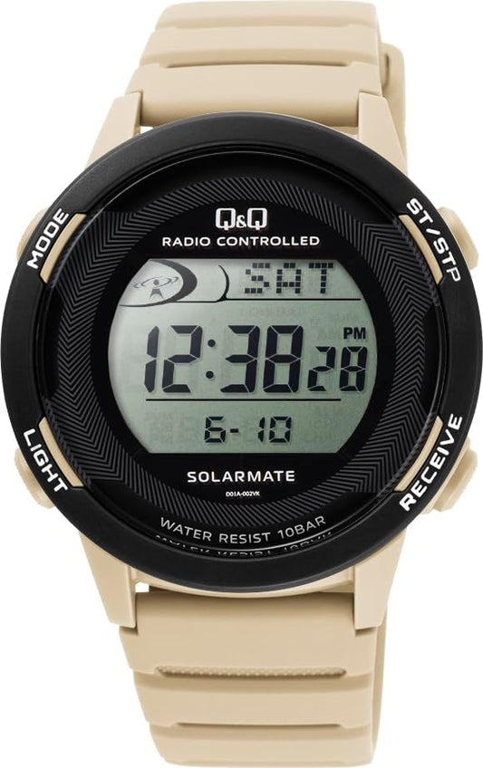 Citizen Q&Q D01A-004VK Wristwatch, Digital, Radio, Solar, Waterproof, Date, Urethane Strap, Men's, Beige