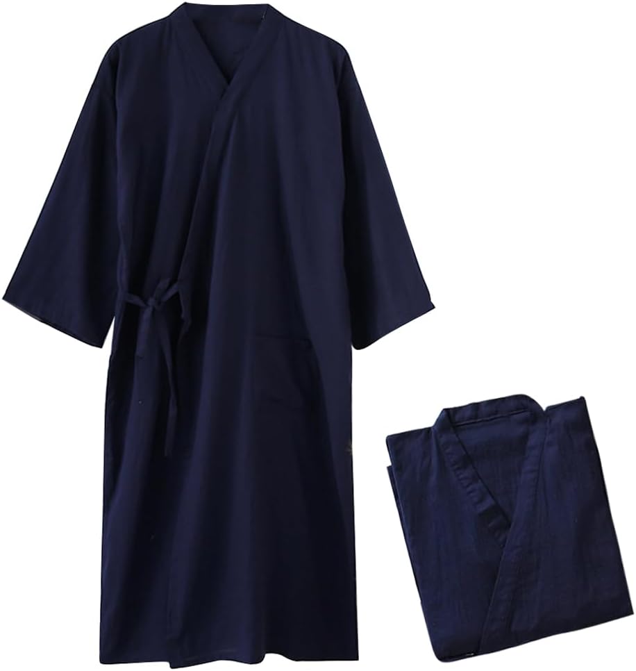 YAKIDA Men's Pajamas, Gauze, Sleepwear, Yukata, 100% Cotton, Open Front, Bathrobe, Summer, Nursing Pajamas, Long Sleeve, Room Wear, Spring, Japanese Style, Open Front, Sweat Absorbent, Hospital