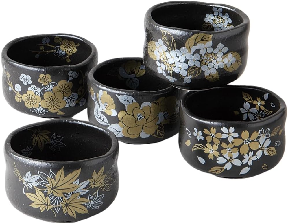 Ale-net Matcha Bowl, Set of 5, Diameter 3.7 x Height 2.5 inches (9.4 cm) x Height 2.5 inches (6.4 cm), Japanese Four Seasons, Hannari Bowl, Pottery, Mino Ware, Made in Japan