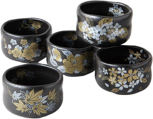Ale-net Matcha Bowl, Set of 5, Diameter 3.7 x Height 2.5 inches (9.4 cm) x Height 2.5 inches (6.4 cm), Japanese Four Seasons, Hannari Bowl, Pottery, Mino Ware, Made in Japan