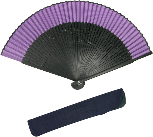 Kyoetsu Men's Folding Fan, Pure Silk, Plain, Black Ribs, 2-Piece Set (Fan and Fan Bag)