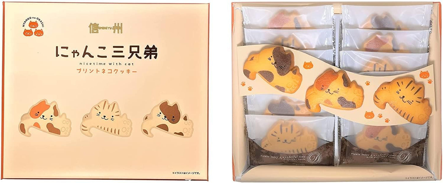 Shinshu Cat 3 Brothers 12 Pieces x 2 Box Set (Shinshu Nagano Souvenir, Confectionery, Printed Cat Cookie)