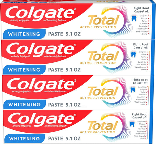 Colgate Total Whitening Pasta de dientes 5.1 oz, paquete de 4, fluoruro, antibacteriano, para placa, gingivitis, sensibilidad, eliminación de manchas, clínicamente probado, menta, blanqueamiento dental, fluoruro estannoso