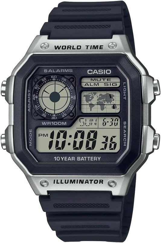 Casio AE-1200 Series World Time Digital Men's Watch, Genuine Box, Overseas Model, Black x Silver AE-1200WH-1CV
