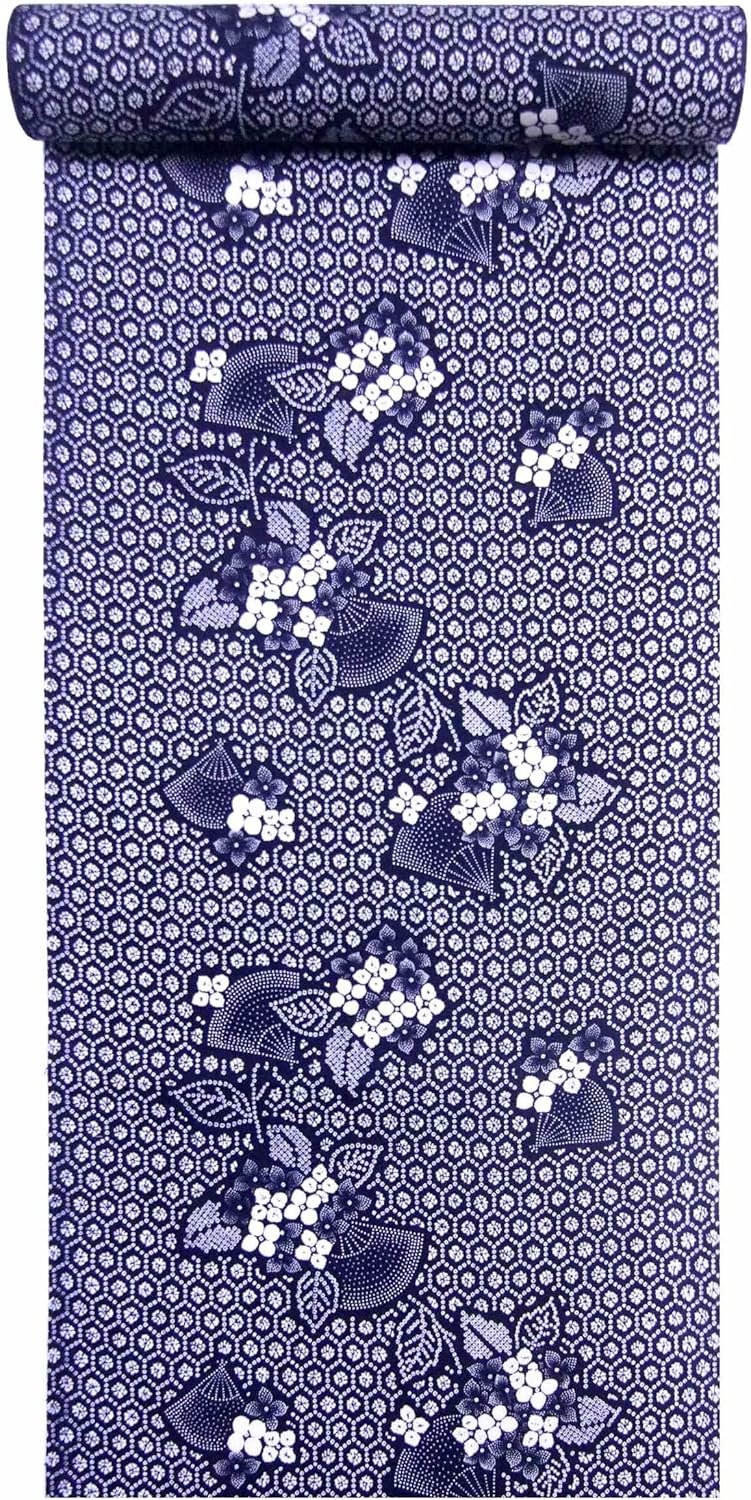 Yukata Fabric No.342, Dark Blue, Hydrangea, Turtle Shell Pattern