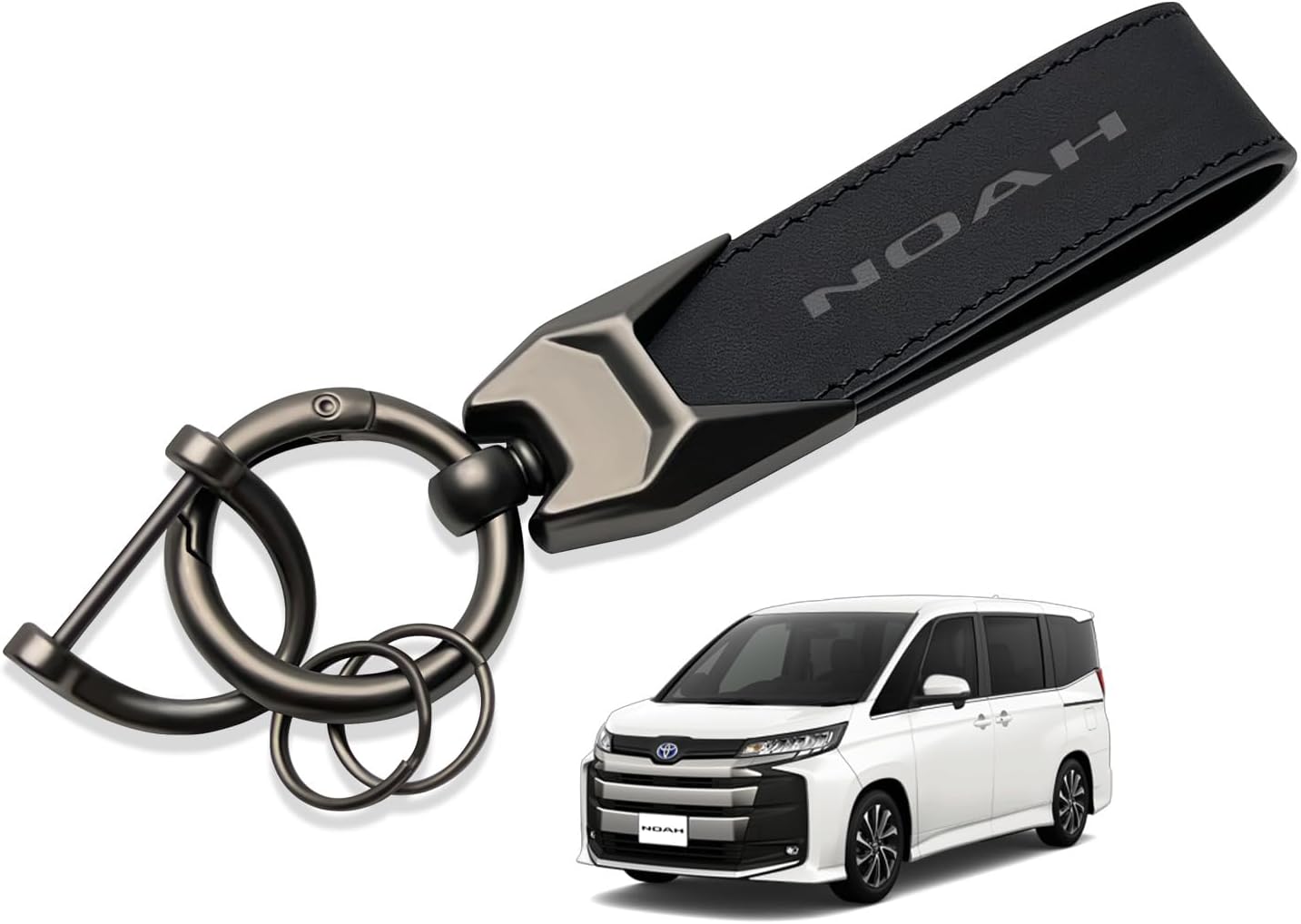 NOAH 80 Series 90 Series Genuine Leather Car Key Chain Key Ring Key Chain Car Logo Rust Proof Debossed Carabiner Strap Good Touch Anti-Loss Prevention Simple Stylish Black