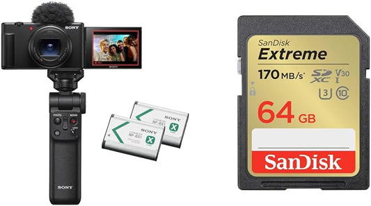 Sony ZV-1II Compact Digital Camera VLOGCAM Vlog Camera ZV-1II Shooting Grip Kit with Windscreen Zoom Lens Black ZV-1M2G B + [SanDisk SD Card] 64GB SDXC Class 10 UHS-I U3 V30Extreme SDSDXV2-064G-GHJIN