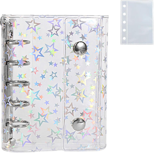 Seal Notebook, Transparent Binder Notebook, M5 Size, Includes 10 Transparent Refills, Clear Binder, Girls, Star Pattern, Double Snap Closure, Silver Hardware, PVC Material, 5 Holes, Seal Storage