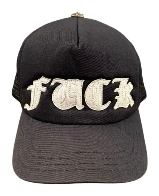 CHROME HEARTS 'FUCK' WHITE LEATHER PATCH VINTAGE TRUCKER HAT