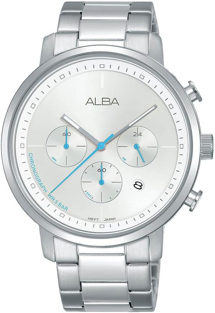 Seiko Alba AT3D57X1 Chronograph Chrono PRESIGE Prestige Quartz Men's Business Analog Date Calendar Silver Blue Light Blue Stainless Steel Strap Bracelet Wristwatch Men [Parallel Import], Silver