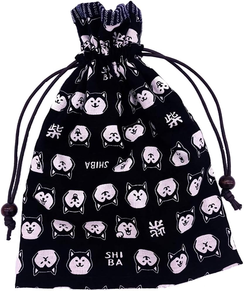 Handmade Workshop FUJITA Drawstring Bag, Lined, Japanese Pattern, Shark Skin Crest x Black, Made in Japan, Misu Book Bag