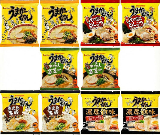 House Umakaka-chan Kyushu Tonkotsu Ramen Food Comparison Set, 5 Types x 2 Servings, Total of 10 Servings (Classic, Thick, Fresh Flavor, Karashi, Scented Garlic, Black Pig Burnt Onion), Assorted