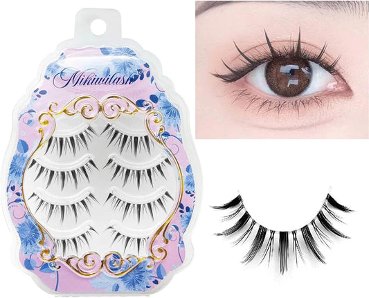 mikiwi Cartoon Eyelashes, Clear Base Anime Eyelashes 4 Pack, Spiny Anime False Eyelashes Natural Finish, Japanese Lashes Like Bundled Cartoon Lashes Individual, Reusable Cosplay Thin Bundled