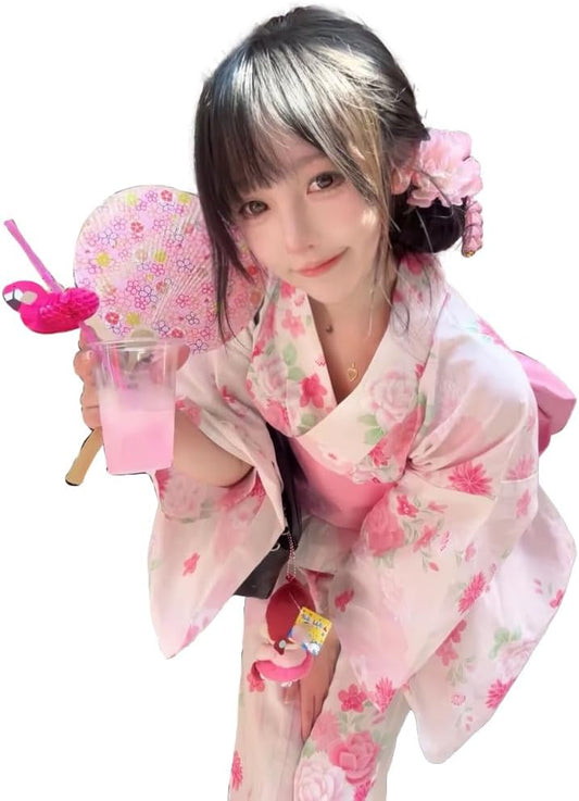 Women's Yukata Fireworks Festival, Cute, Floral Yukata, 5-piece Set, With Obi, Tabi Socks, Decoration, Cotton Linen, Lightweight, Comfortable, One Size Fits Most, Fireworks Festival