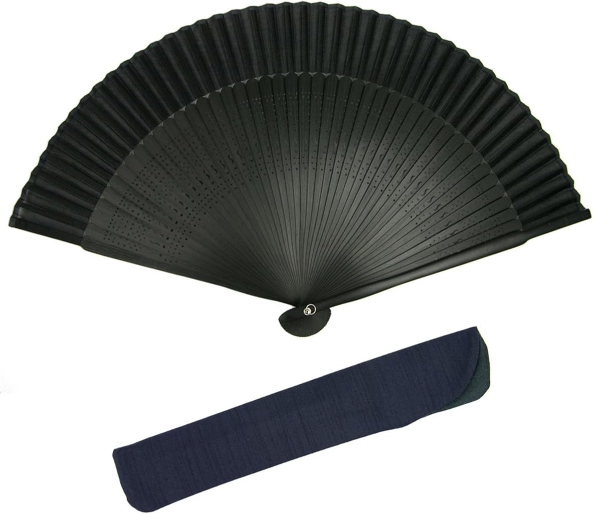Kyoetsu Men's Folding Fan, Pure Silk, Plain, Black Ribs, 2-Piece Set (Fan and Fan Bag)