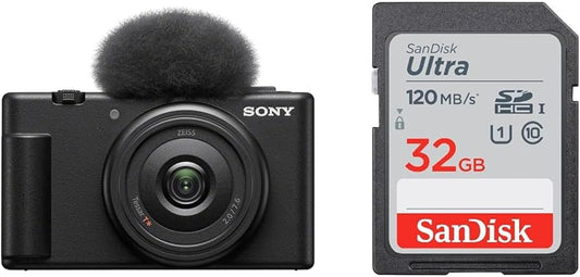 Sony Vlog Camera VLOGCAM Digital Camera ZV-1F Windscreen Included, Monofocal Lens, Black ZV-1F B + [SanDisk SD Card] 32GB SDHC Class 10 UHS-I Read Up to 120MB/s SanDisk Ultra SDSDUN4-032G-GHJNN New
