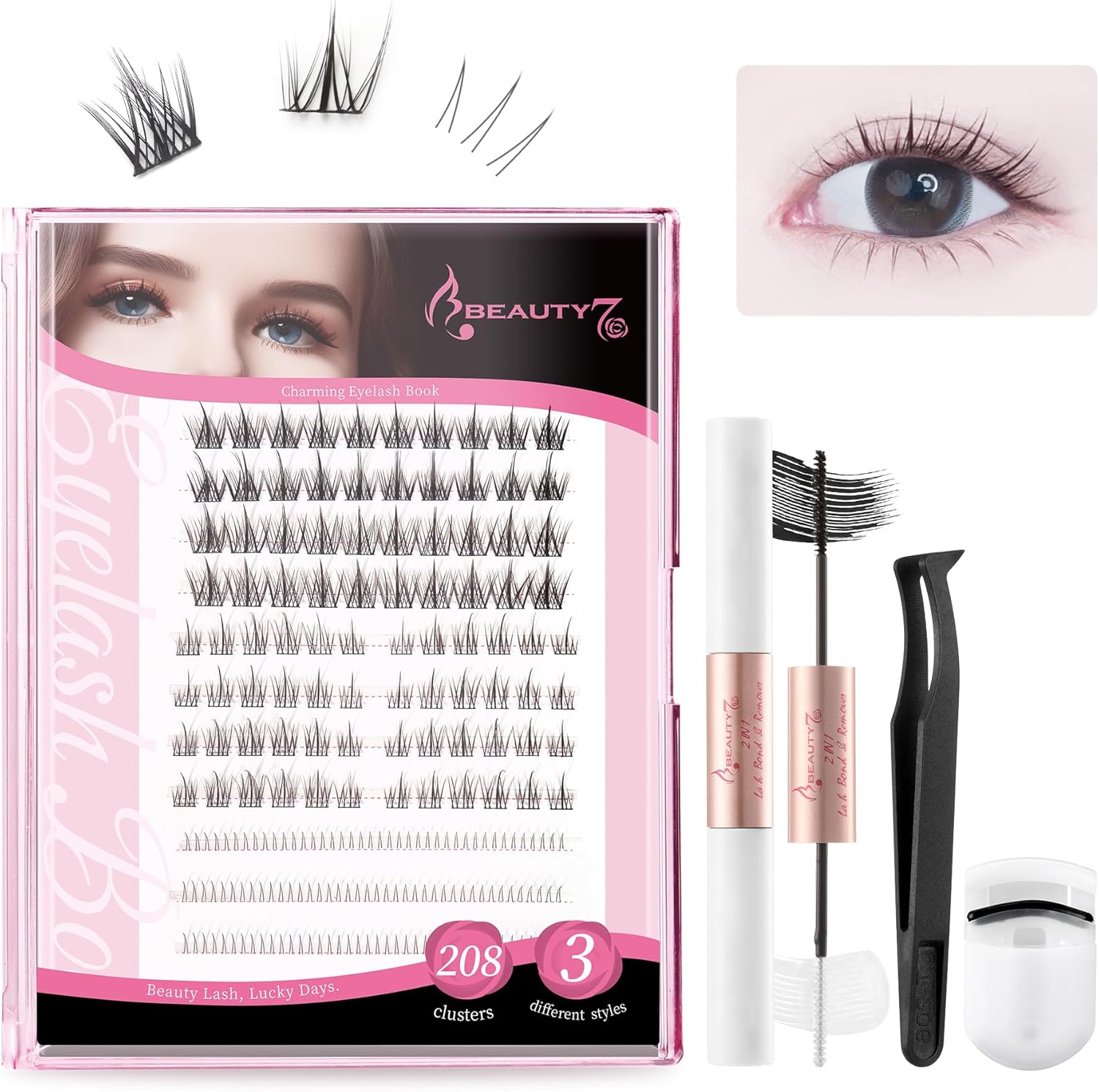 Beauty7 Partial False Eyelashes, Partial Lashes, 3 Styles, Self Large Capacity, Natural False Eyelash Glue, Glue Both Ends, Reusable, Handmade, DIY, Reusable, Reusable, Long Lasting, Natural, 208