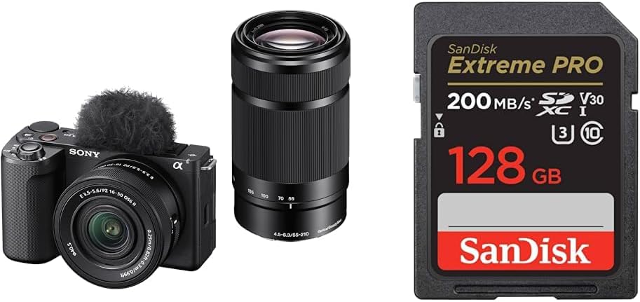 Sony Vlog Camera APS-C Mirrorless SLR Camera ZV-E10M2 Double Zoom Lens Kit with Windscreen Black ZV-E10M2X BQ + SanDisk SD Card 128GB SDXC Class 10 UHS-I V30 Read Up to 200MB San/s PRO SDSDXXD