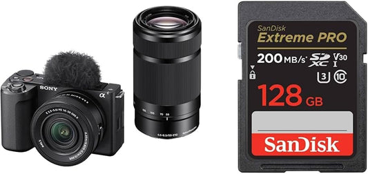 Sony Vlog Camera APS-C Mirrorless SLR Camera ZV-E10M2 Double Zoom Lens Kit with Windscreen Black ZV-E10M2X BQ + SanDisk SD Card 128GB SDXC Class 10 UHS-I V30 Read Up to 200MB San/s PRO SDSDXXD