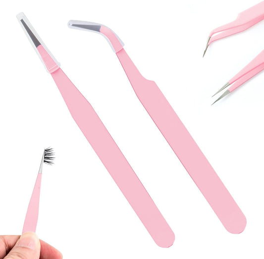 Eyelash Tweezers False Eyelash Tweezers, 5 Colors, 2 Pieces, Includes 2 Types, Straight/Curvy Lashes Clamp, Stainless Steel, For Fine Works, False Eyelashes Set (Pink)