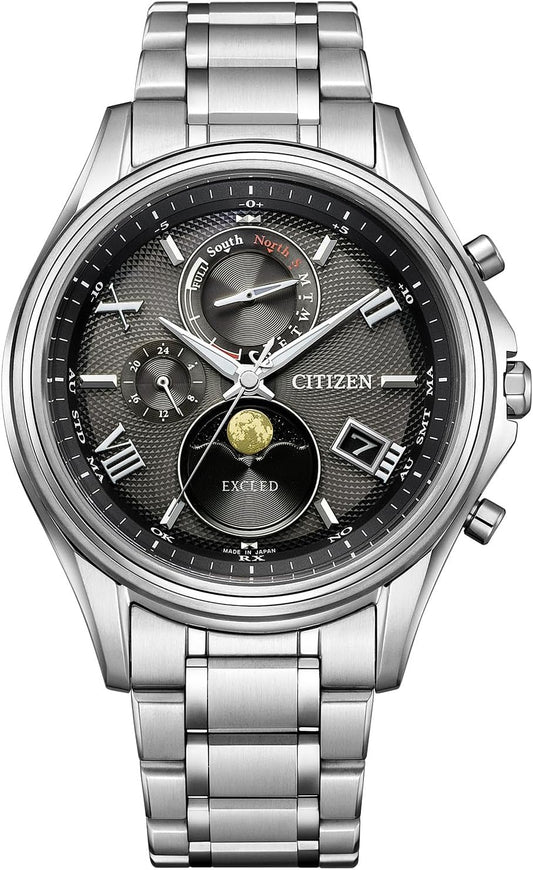 Citizen BY1020-61E Exceed Moon Phase Pair Watch, Waterproof, Radio-Solar, Men's Silver, Black, Bracelet Type