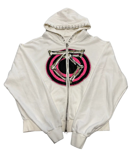 BOSSI 'BONES' RHINESTONE WHITE ZIP UP HOODIE