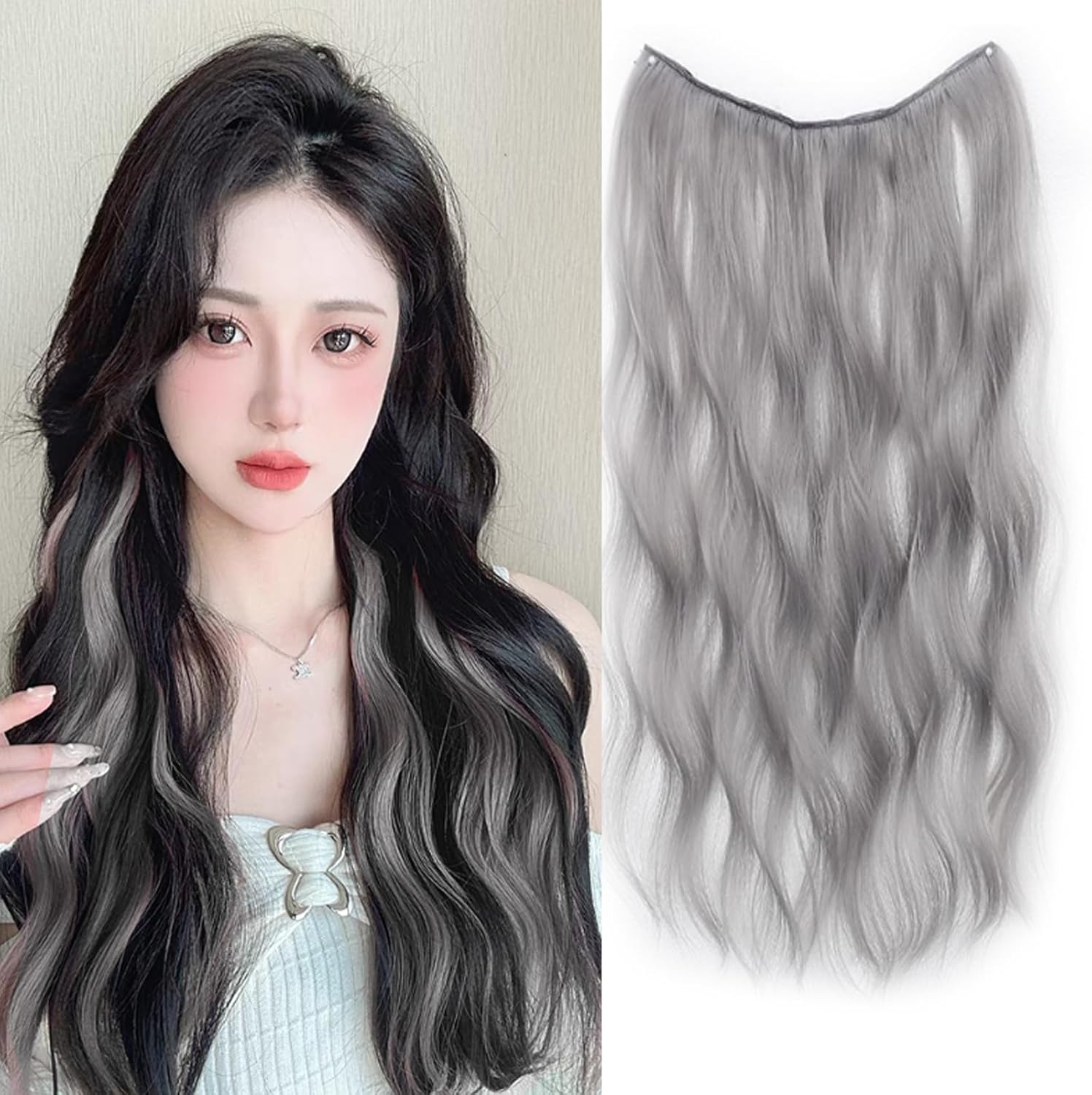One Touch Color Extension, Color Extension, 19.7 inches (50 cm), Synthetic Hair, Long Curled, Hair Extension, Cosplay, Heat Resistant, Korean Style, Party, Fashion, Performance, Extension
