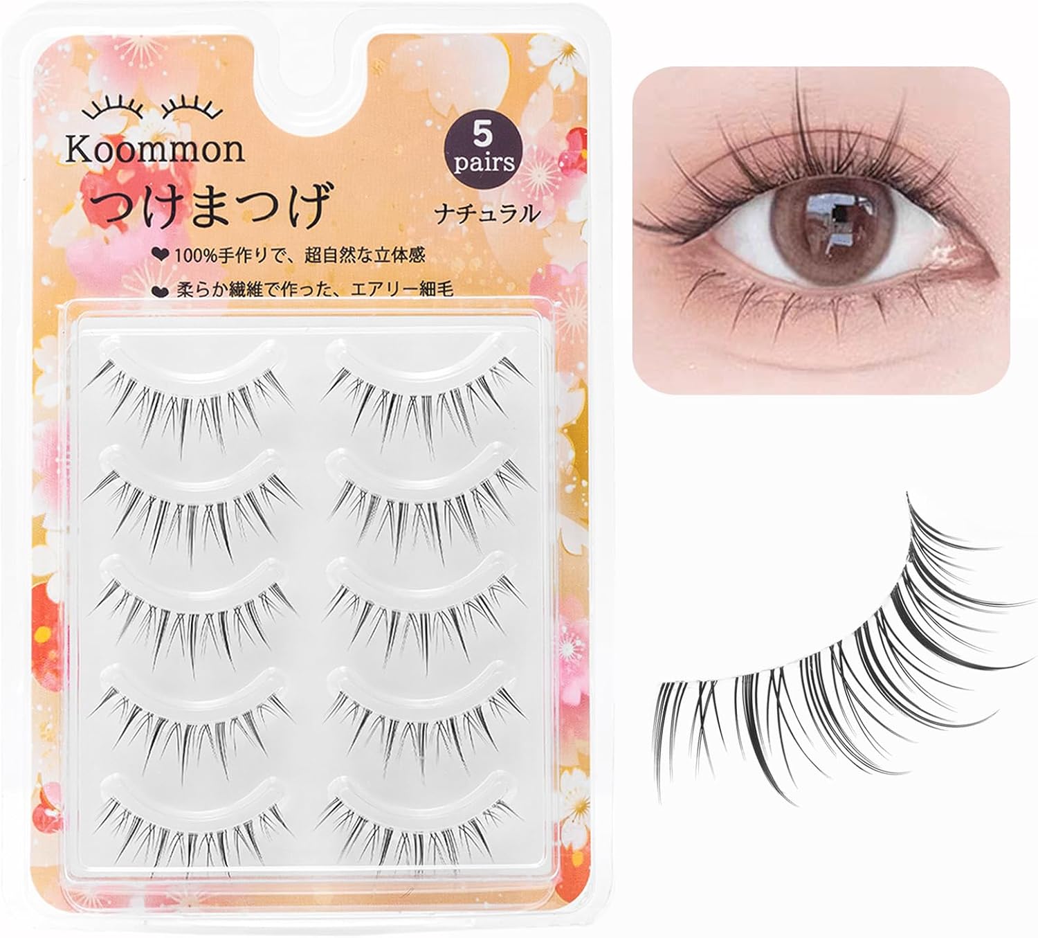 False Eyelashes, Natural, Transparent Axis, False Eyelashes, Handmade Upper Eyelashes, Ultra Lightweight, Soft, Outer Eyelashes, Natural, Lifestyle Makeup, 5 Pairs (B-X04)