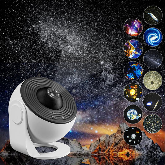 【Silent】YunLone Planetarium Home Use Room Use Star Projector Light Galaxy Light Starry Sky, Nebula, Moon, Celestial Bodies Ceiling 13 Film Discs Included HD Zoom 3D Effect Projection 6500K Color