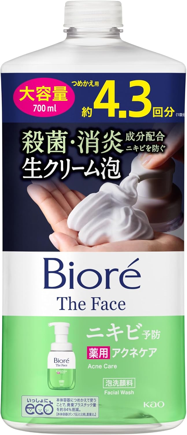 Biore The Face Facial Foaming Facial Cleanser, Acne Care, Refill, 23.7 fl oz (700 ml), Facial Cleansing, Acne Prevention, Sterilization, Anti-inflammatory Ingredient, Quasi-drug