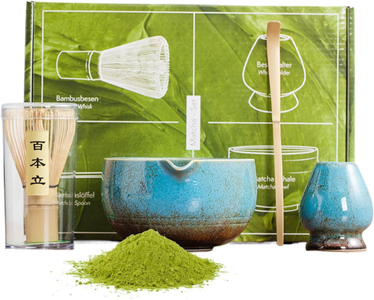 Matcha Tea Set, Tea Ceremony Kit - 4 Piece Traditional Tea Utensil Set for Girls, Men, Women, Home Use, Birthday, Christmas, Gift, Present, Celebration, Anniversary, Japanese Style, Handmade, Beginner