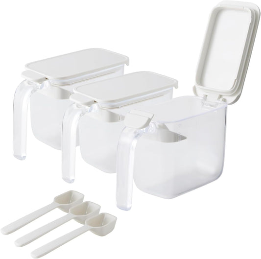 marna R496W Seasoning Container with spoon, Lid Opens Backward, White, Condiment Container, w/ Gasket, Moisture-Resistant, For Seasonings, Sugar/ Salt Storage Container, GOOD LOCK CONTAINER, Set of 3