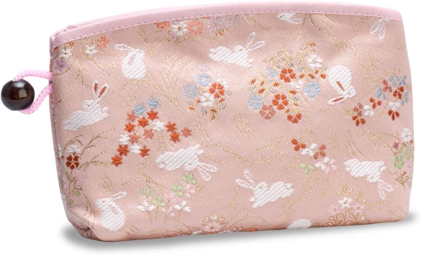 Kyoto Geimidou Nishijin Textile High-grade Gold Brocade Cosmetic Pouch, Japanese Pattern, Made in Japan, rabbit pink