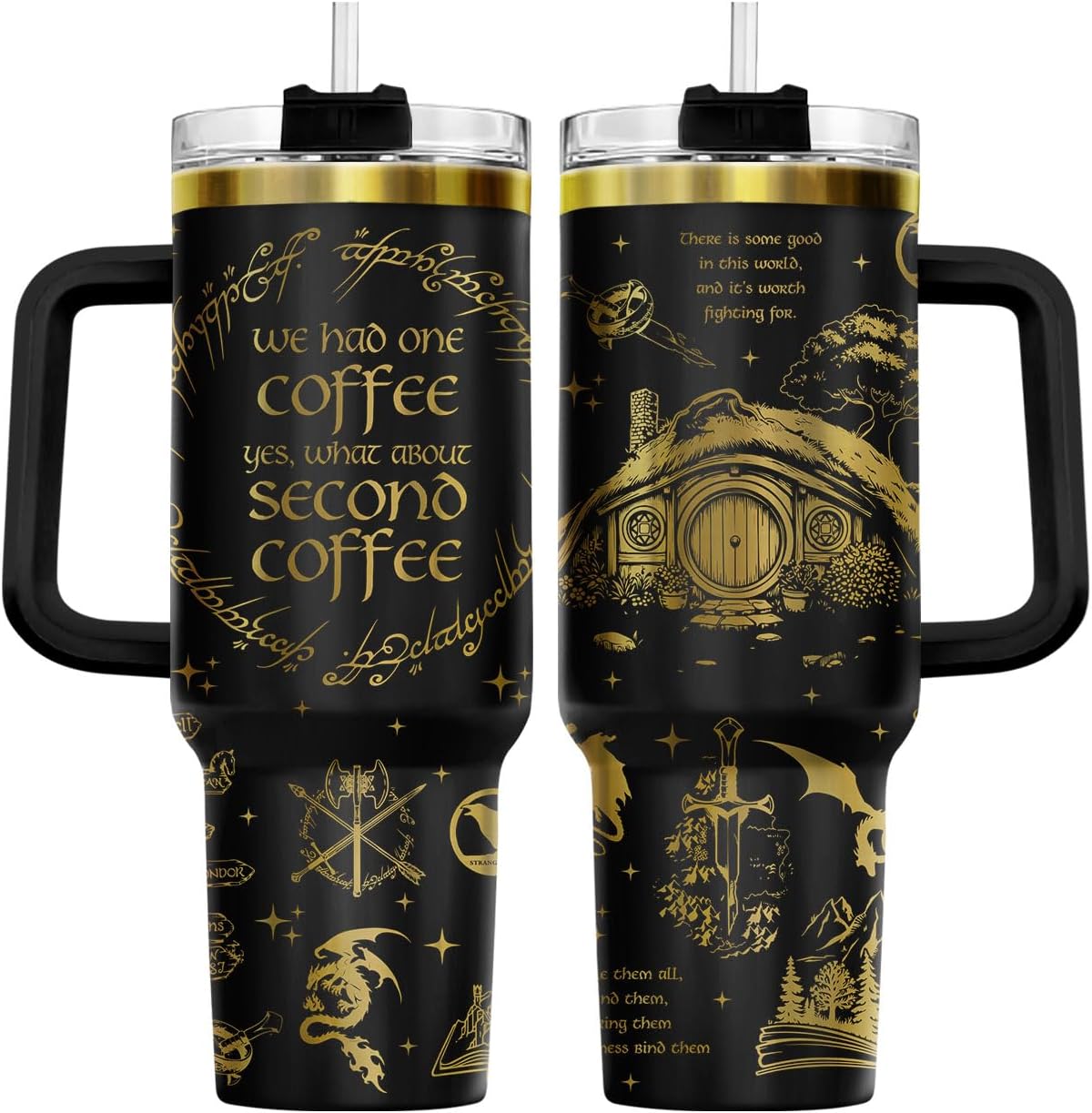 34HD Lord Fantasy Adventure - Vaso de café con aislamiento de acero inoxidable de 40 onzas, taza de viaje con asa y tapa para pajilla, segunda taza de café, regalos para amantes de los libros