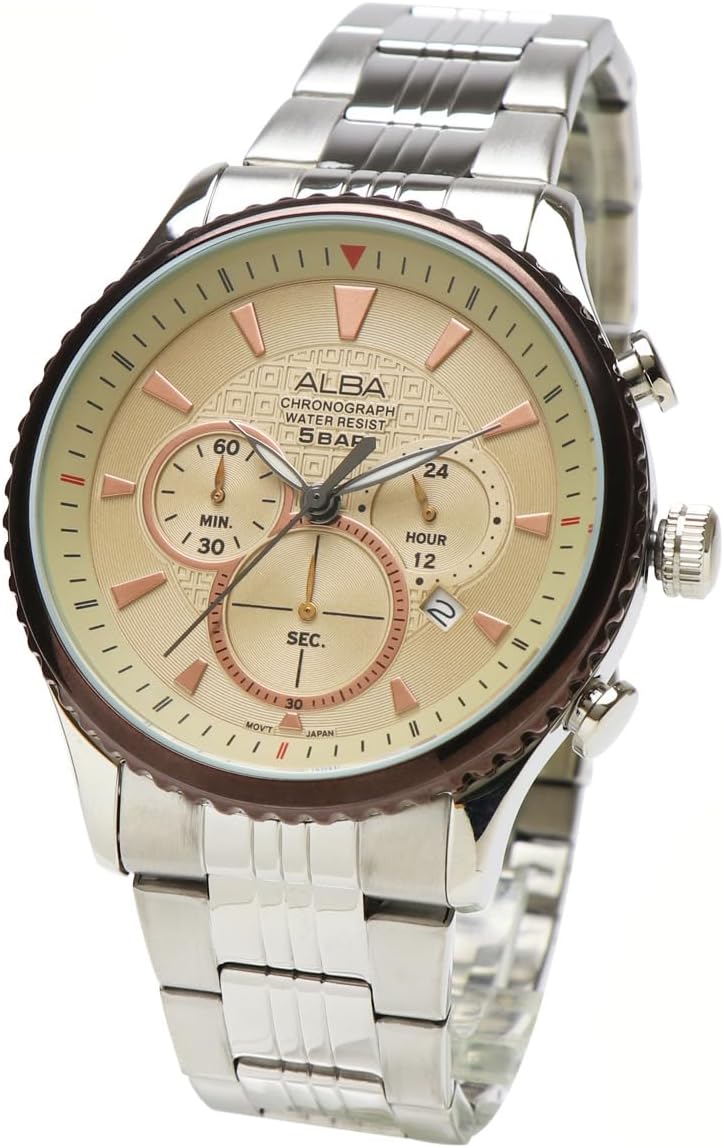 Seiko ALBA AT3855X1 Chronograph Quartz Men's Business Analog Date Calendar Champagne Rose Gold Silver Stainless Steel Belt, gold, Bracelet Type