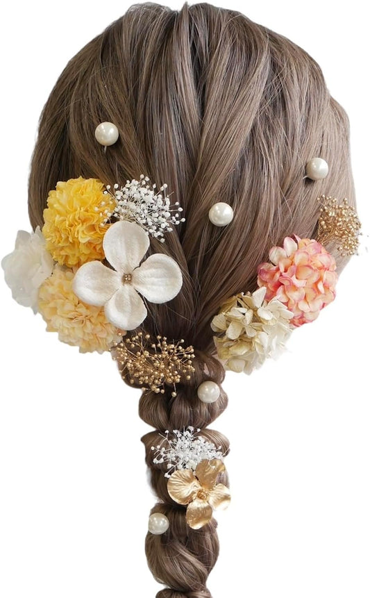 [Lomeri] Romeri Hair Ornament, 6 Colors, Dried Flowers, Mu, Kimono, Kimono, Yukata, Decoration, Furisode, Coming-of-Age Ceremony, Wedding, Graduation Ceremony, Wedding, Cute Shichi-Go-San U (Yellow