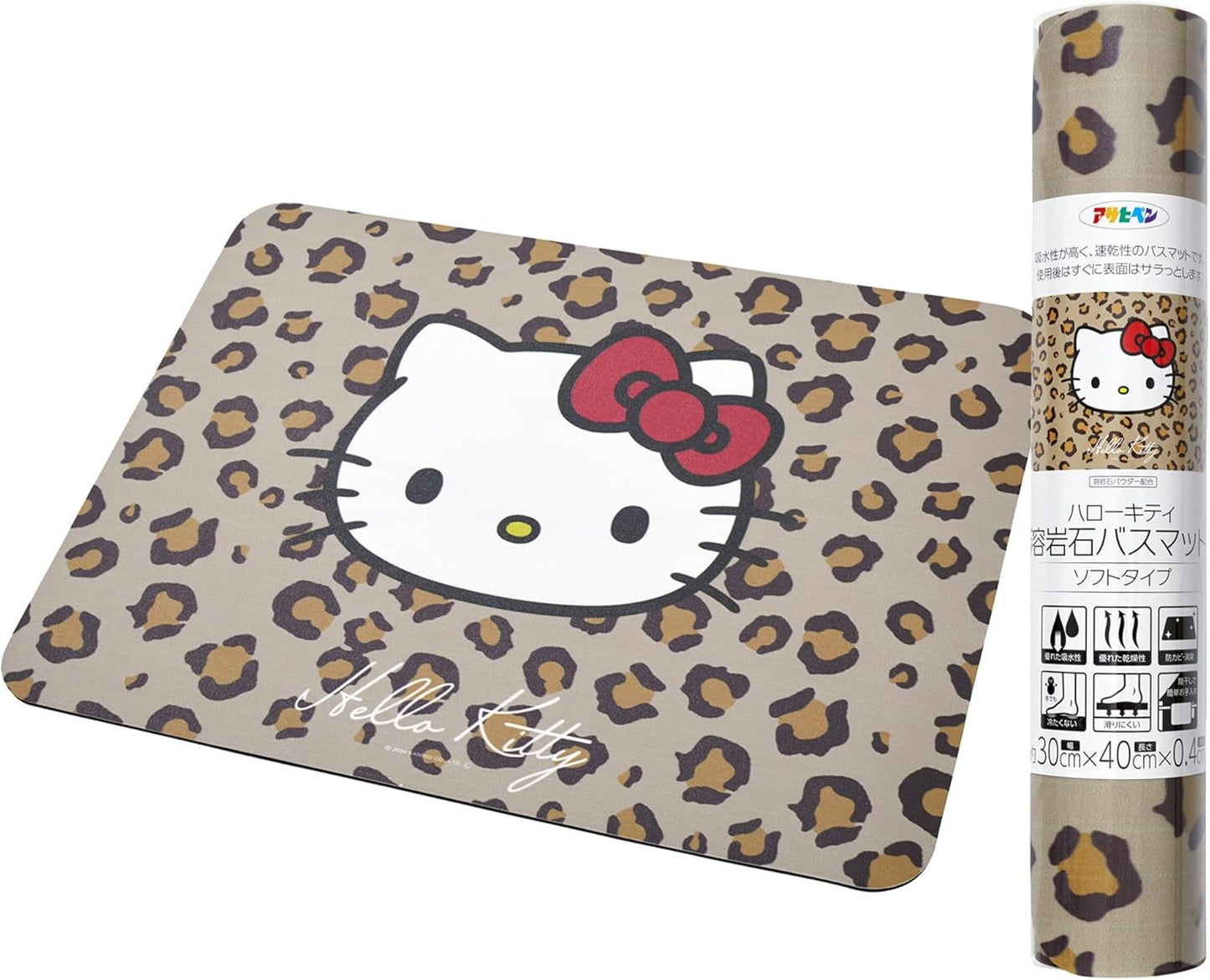 Hello Kitty Lava Stone Bath Mat, Hello Kitty & Leopard, Width 15.7 inches (40 cm) x Length 11.8 inches (30 cm), Soft Type, Cute Leopard Pattern, Absorbent, Quick Drying, Mildew Resistant, Deodorant,