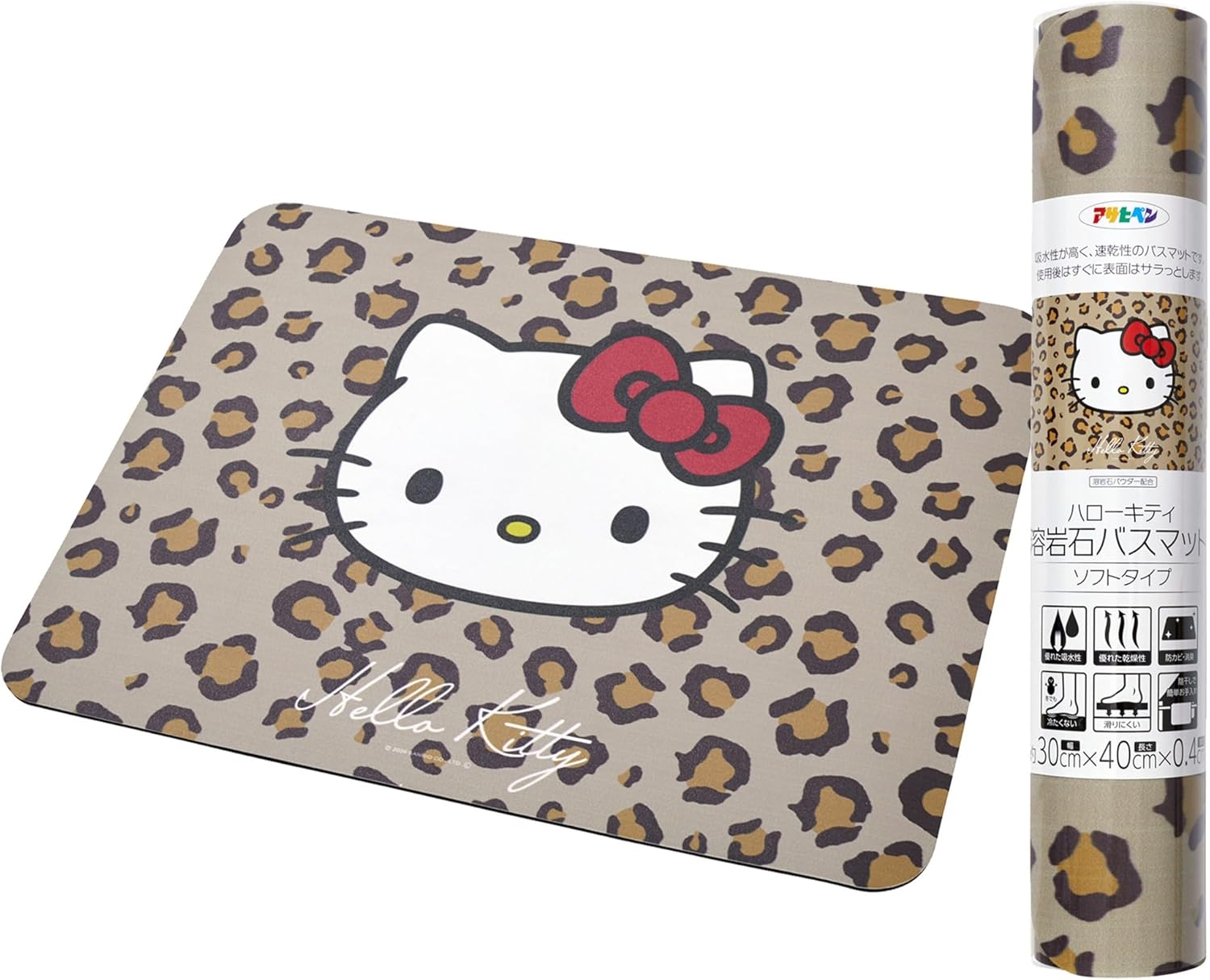 Hello Kitty Lava Stone Bath Mat, Hello Kitty & Leopard, Width 15.7 inches (40 cm) x Length 11.8 inches (30 cm), Soft Type, Cute Leopard Pattern, Absorbent, Quick Drying, Mildew Resistant, Deodorant,