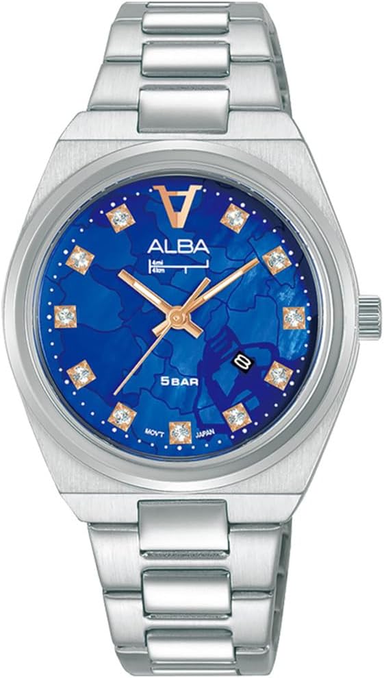 Seiko Alba Quartz Women's Navy Blue Pearl Dial Silver Stainless Steel Business Analog Date Calendar Watch Wristwatch Simple Bracelet