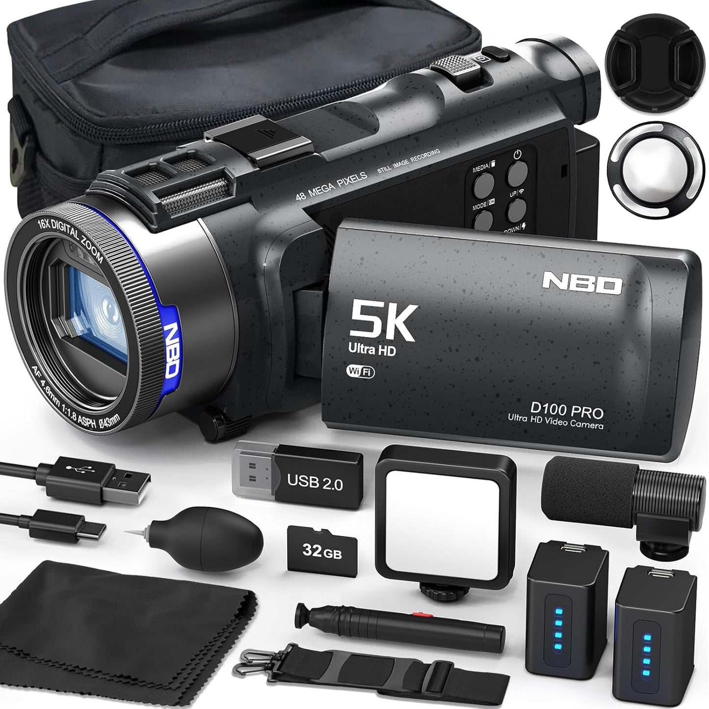 NBD 5K 48 Megapixel Video Camera, WiFi Function, Ultra Lightweight, 180 Minute Ultra-Long Battery, 16x Zoom, 3.0 Inch, 270° IPS ASPH Vlog Camera, Webcam, Auto Focus, Image Stabilization, Pause