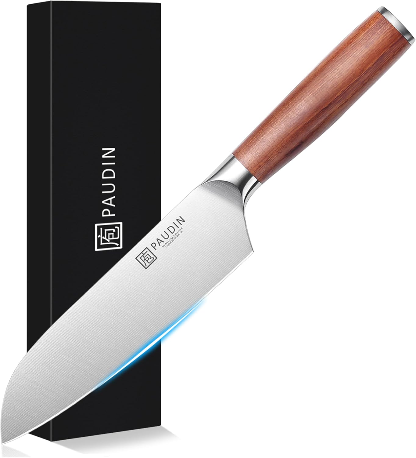PAUDIN Santoku Knife, 6.9 inches (175 mm), 5Cr15Mov Stainless Steel, Natural Wood Handle, Easy to Cut, All-purpose Knife, Double-edged, Left Handed, Long Sharpness, For Meat, Fish, Vegetable Knife