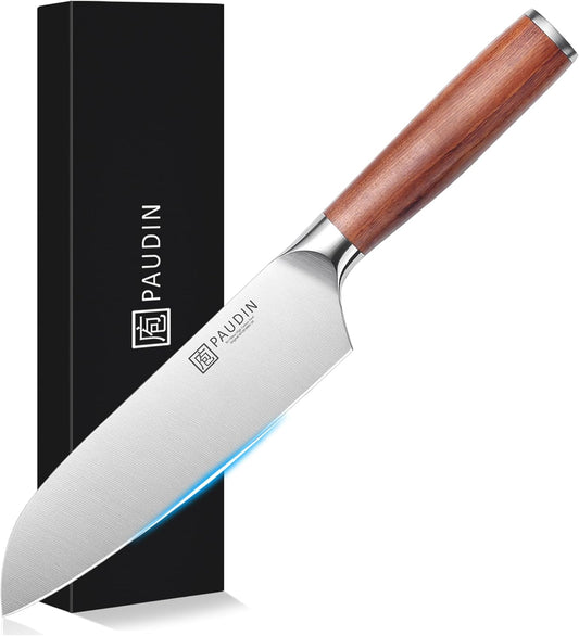PAUDIN Santoku Knife, 6.9 inches (175 mm), 5Cr15Mov Stainless Steel, Natural Wood Handle, Easy to Cut, All-purpose Knife, Double-edged, Left Handed, Long Sharpness, For Meat, Fish, Vegetable Knife