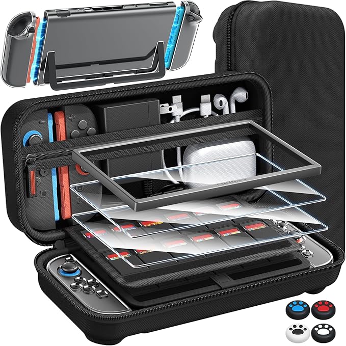 (14 in 1) Switch 2 Exclusive Case, Storage Switch 2, Case + Glass Film with Guide Frame 2 + 4 Stick Caps + Partition Type Design, PC Cover + 24 Game Card Slots, Large Capacity, Storage Bag, Full