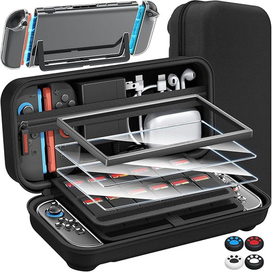 (14 in 1) Switch 2 Exclusive Case, Storage Switch 2, Case + Glass Film with Guide Frame 2 + 4 Stick Caps + Partition Type Design, PC Cover + 24 Game Card Slots, Large Capacity, Storage Bag, Full