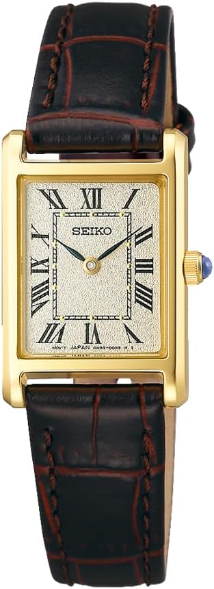 Seiko Selection Nano Universe Collaboration Wristwatch, Women's, Vintage Style, Case: Yellow Gold, Dial: Light Gold, Band: Brown, 1 piece, Square Quartz (Battery)