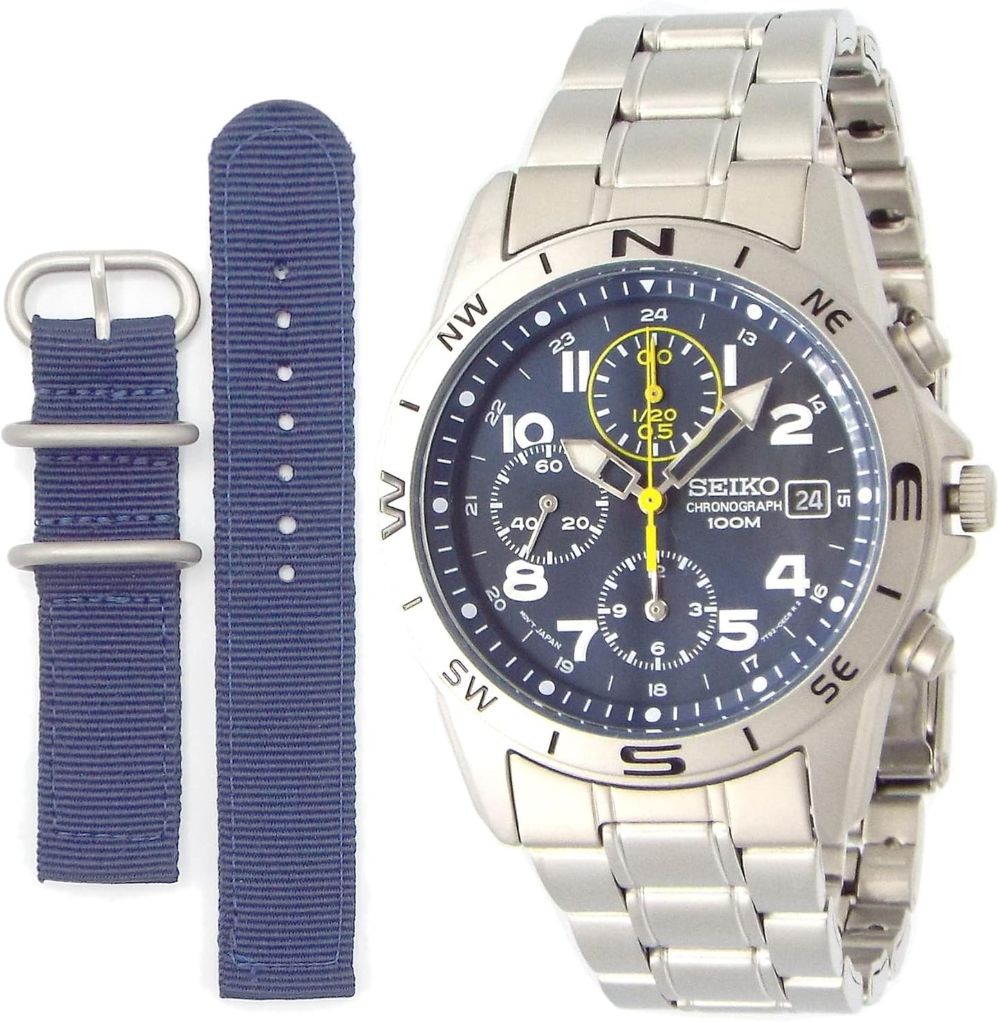 Seiko SND379P Men's Chronograph Watch with Military Style Strap Navy x Yellow