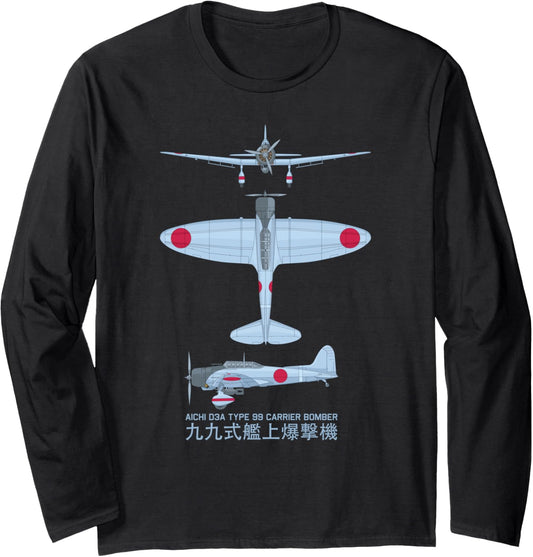 Aichi D3A Bomber WW2 Japanese Ship Aircraft Chart Long Sleeve T-Shirt
